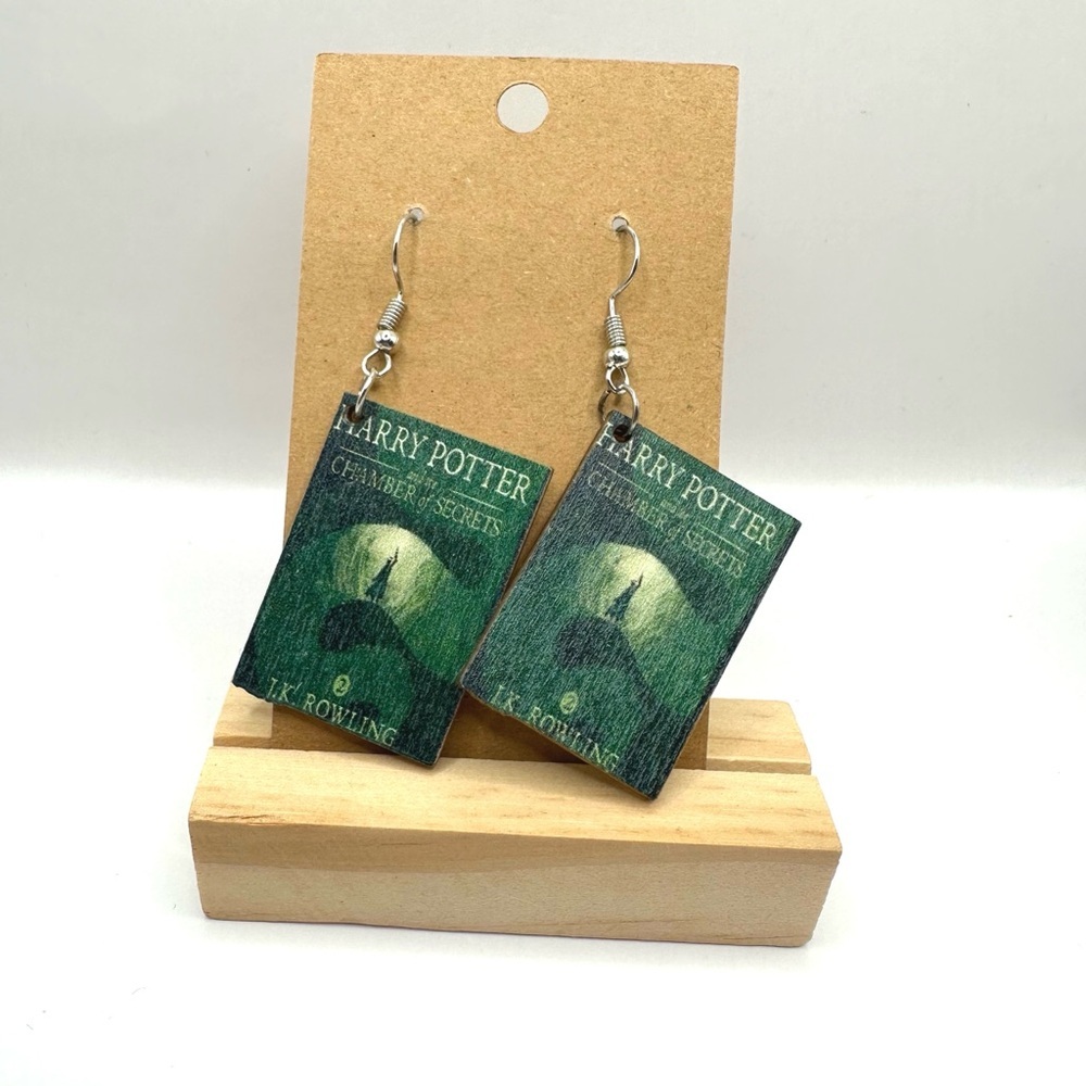 Harry Potter Chamber of Secrets wooden book cover dangle earrings